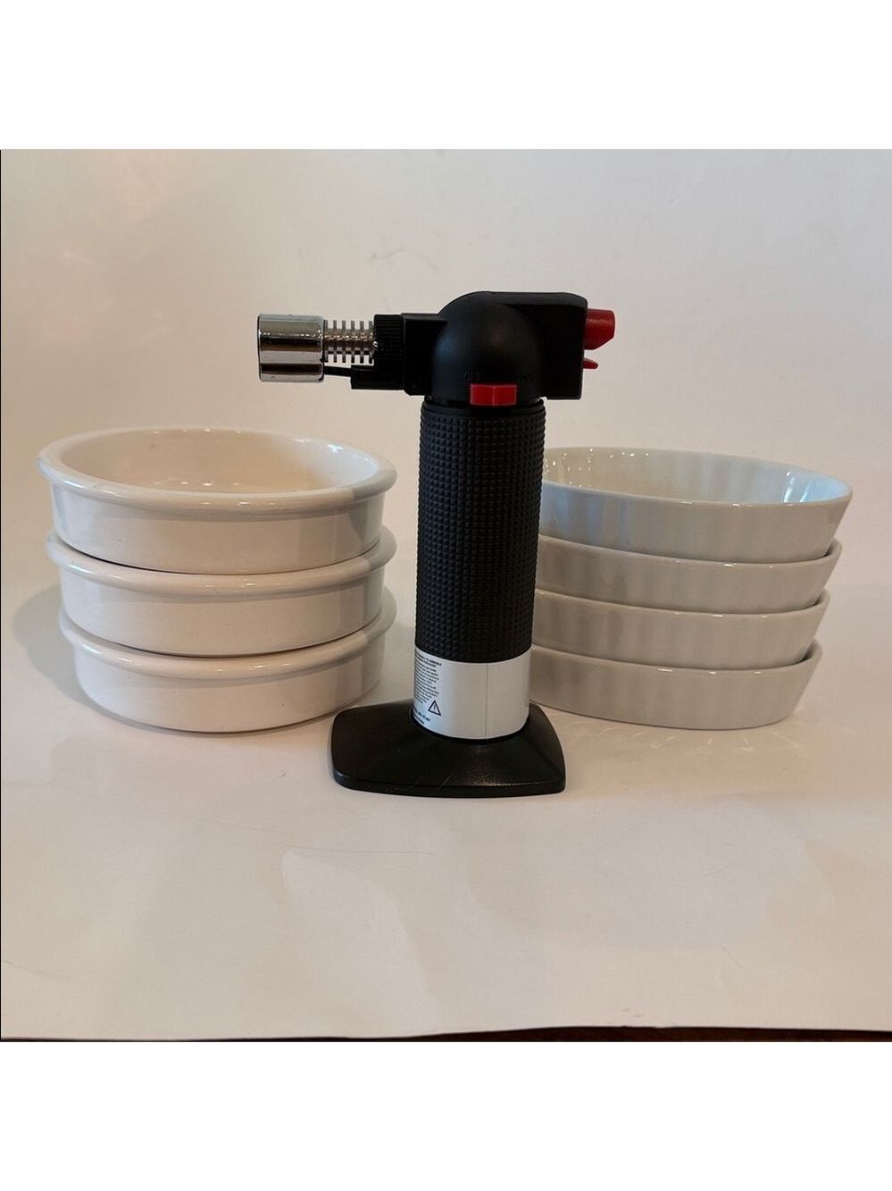Crème Brûlée Culinary Torch with 7 Dessert  Dishes. (4 Oval and 3 Round Ceramic)